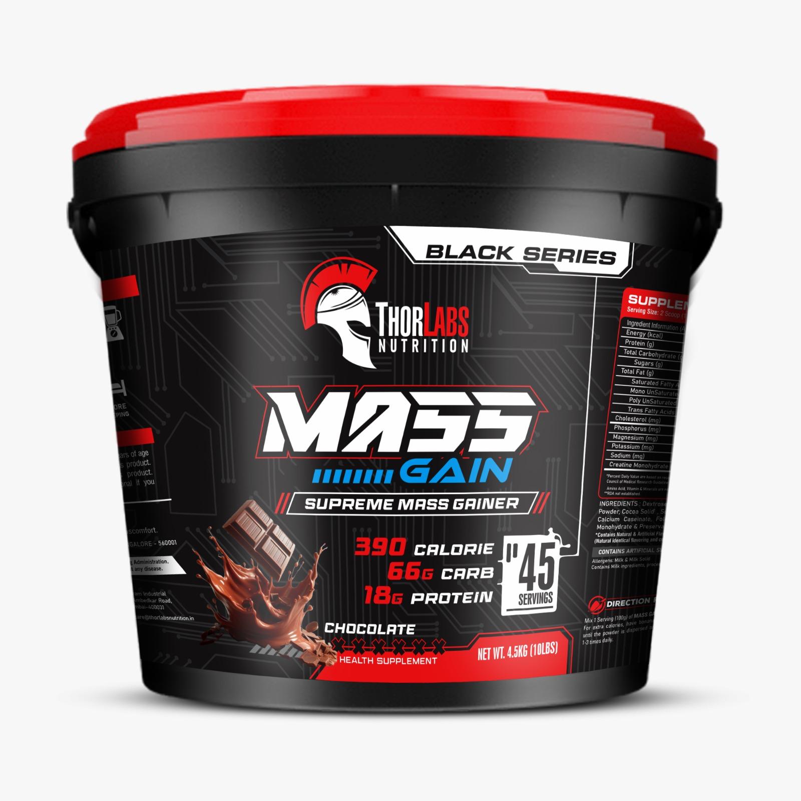 ThorLabs Nutrition Black Series Mass Gain – 4.5kg Chocolate | 390 Calories, 66g Carbs, 18g Protein per Serving | High Calorie Weight Gainer for Muscle Mass & Strength