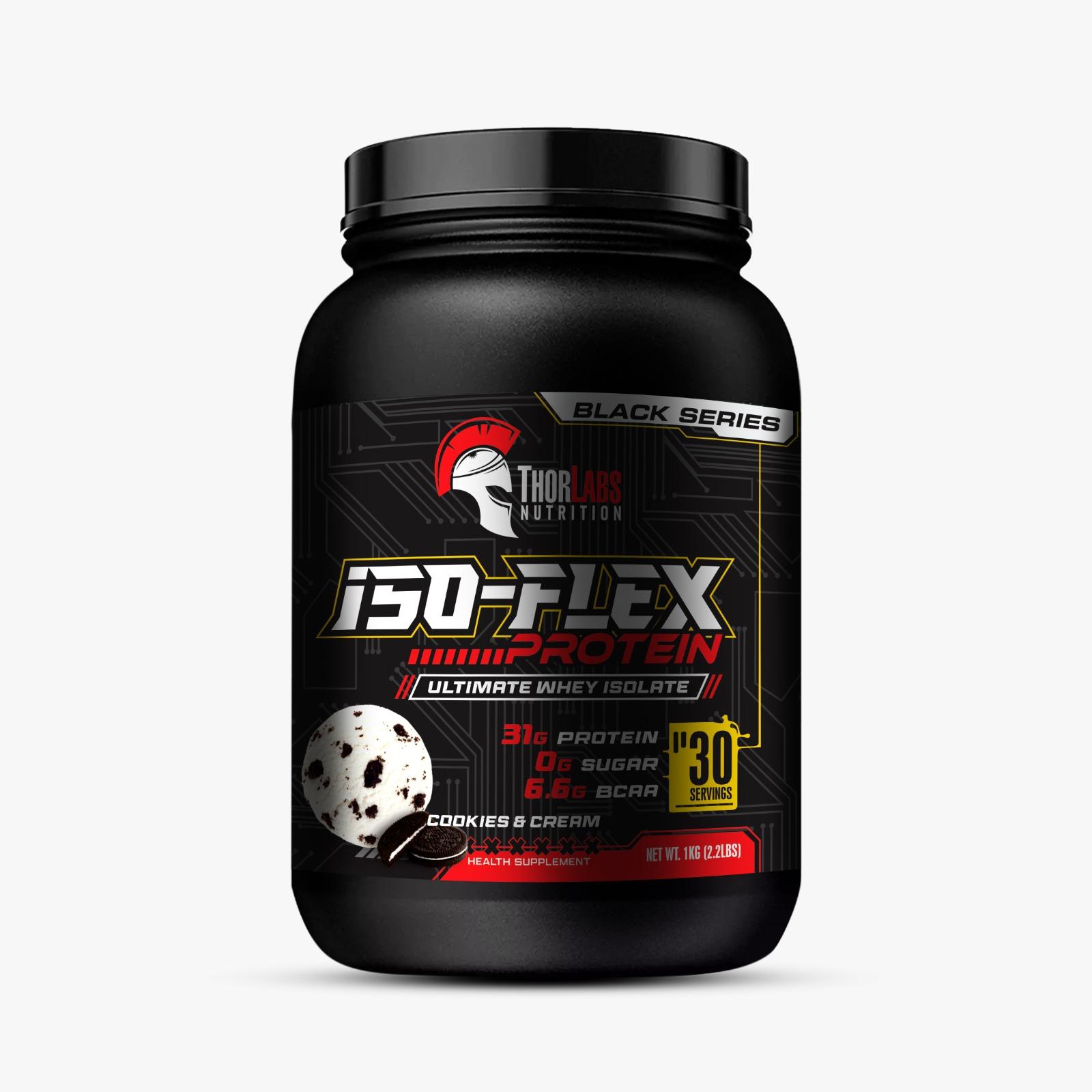 Thor Labs Iso Flex Whey Protein Isolate – 1kg | 31g Protein, 0g Sugar, 6.6g BCAA | Cookies & Cream Flavor